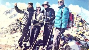 Saligram guiding two clients with a porter on the Langtang Trek in 2002