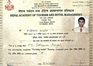Saligram’s Trekking Guide Training certificate from Nepal Academy of Tourism and Hotel Management in 2002